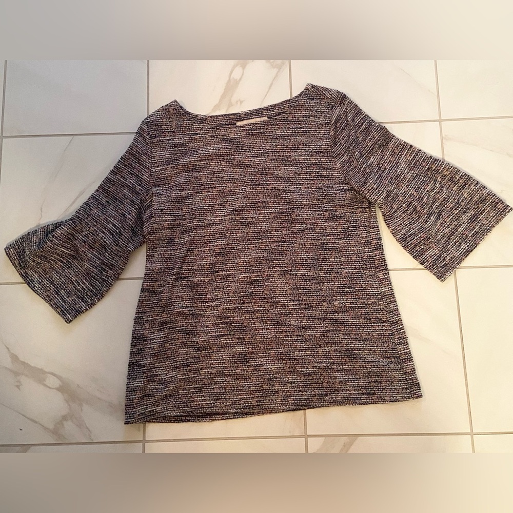 LOFT Navy and Pink/Red Tweed Knit Sweater with Bell Sleeve (3/4 length)